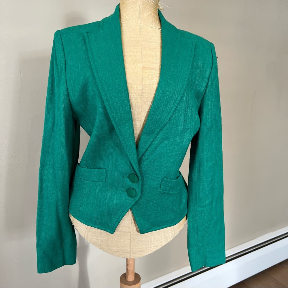 Vintage Textured Moss Green Linen Blend Pencil Skirt Suit Sz 2 Midi‎ Blazer